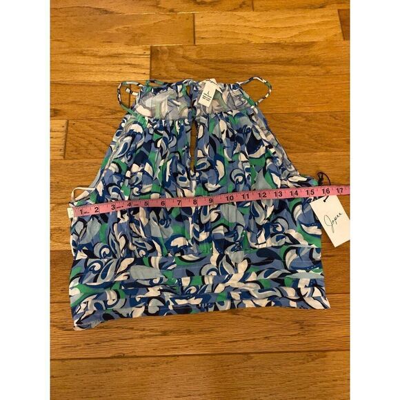 NWT Japna Womens Sleeveless abstract print blue cropped pleated Halter Top Large - Picture 5 of 7